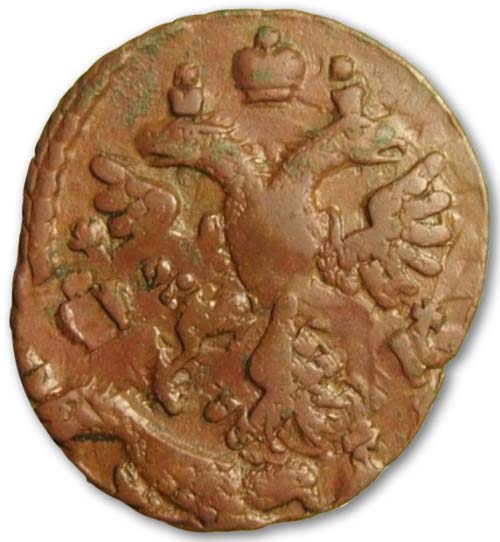 Монетный брак на полушке 1749 года аверс